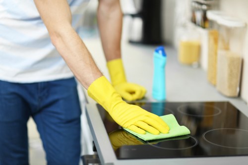 Close-up of carpet cleaning process with stain treatment applied